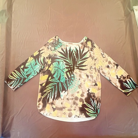 Chico's Cream/Brown/Teal Palm Print 3/4 Sleeve Lightweight Sweater Size 2/Large - Picture 2 of 10